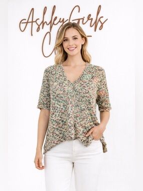 LOFT Multicolor Short-Sleeve V-Neck Crochet Knit Top